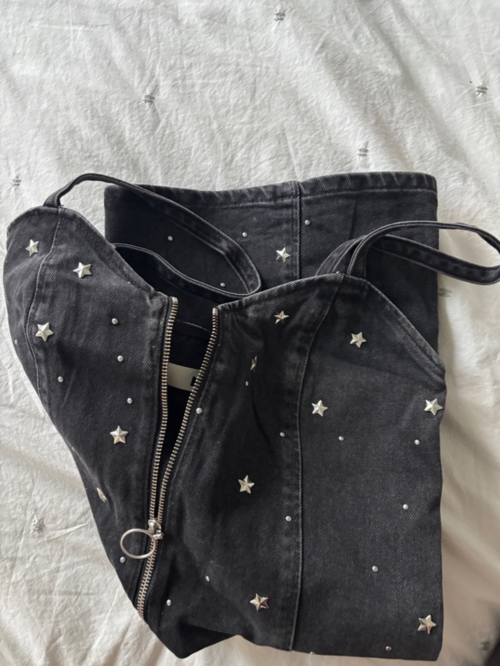 Topshop Moto Collection Black Denim Star Studded Zip Mini Dress Festival